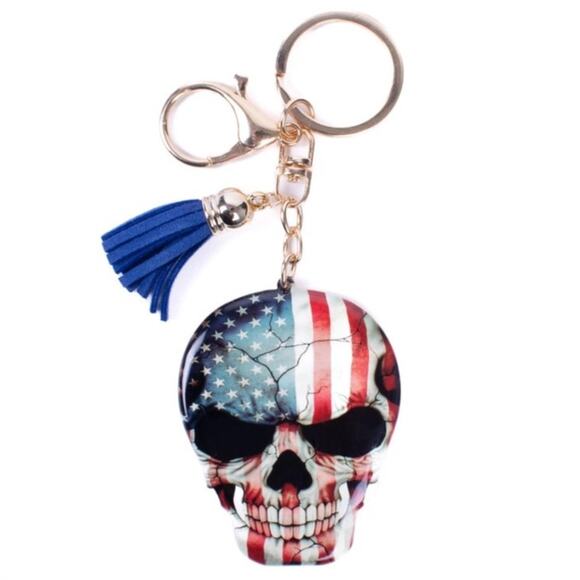 American Flag Skull Tassel Keychain Key Ring Bag Charm - Picture 1 of 4